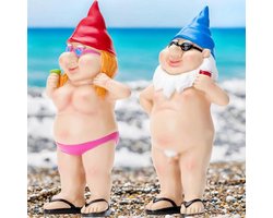 Welkom Gnomestandbeeld Kabouter Decoratie voor Binnen en Buiten met Naakt Paar - Grappige Cartoon Ornament Craft Beeldje - Tuin Decor