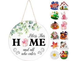 Welkomstbord Hout - Wanddecoratie Deur - Entree Versieren - Verwisselbare Iconen - 32x32 cm