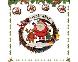 Welkomstbord voor Kerstmis - Kerstkrans van rotan - houten bord vrolijk kerstfeest - Hangende sneeuwpoppop decoratie kerstkrans - Kleine deurkrans - Rotan kranshanger - Rotan kransornament - Deur hangende wanddecoratie