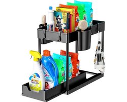 Wellewares - Keukenkast Organizer - Gootsteenkast Organizer met Uitschuifbare Lade Gootsteen - Zwart