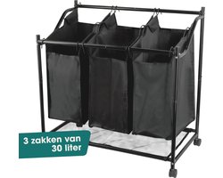 Wellewares - Wasmand 3 Vakken Uitneembaar - Wasbox 90 Liter - Wassorteerder op Wielen - Zwart