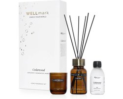 Wellmark gifset geurstokjes & kaars - cedarwood - amber - 220gr - 200ml - tekst: just relax & smells like home