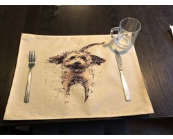 Wellness-House | Placemat Dog 45*33cm set van 2 | Linnen placemat met hondenopdruk | Duurzame placemat | Tafelaccesoires