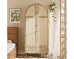 Welltin Kledingkast met lades, houten deuren bekleed met linnen, veel opbergruimte, kledingkast voor de slaapkamer, moderne - Bruin