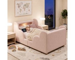 Welltin Peuterbed 90x200 cm - Kinderbed 90x200 cm - Gestoffeerd bed - Peuterbed - Eenpersoonsbed - Gestoffeerd hoofdbord - Met bedframe - LED - USB - Flueel roze