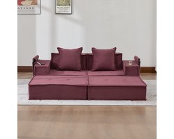 Welltin Slaapbank - Slaapbank - Zetelbed - 2-Zitsbank - Multifunctionele Corduroy Slaapbank - 2 persoons - Opvouwbaar - 2 Kussens - Armleuningen - Scandinavische stijl - Bordeauxrood