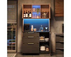 WELLTIN Stijlvol hoog keukenkastje van 100x40x180 cm, betonlook, zwart werkblad, verstelbare ledverlichting, Europese standaard stopcontact, geschikt voor keukens, woonkamers, appartementen - Zwart