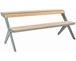 Weltevree | Tablebench | Multifunctionele Picknicktafel | Bankje met Rugsteun, Tuinbank, Balkontafel, Buitenmeubel, Eettafel Buiten | Bamboe & Staal | Grijsgroen RAL 7033