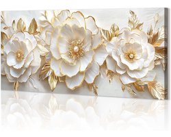 WENGTIAO White Gold Peonies Canvas Wall Decoration Art Prints Large Framed Aesthetic White Flowers with Gold Leaves Painting on Canvas Living Room Bedroom Wall Decoration for Home 120x50cm