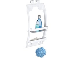 WENKO Doucherek Universeel 2-laags wit kunststof 26x55cm - Douchemand - Douchecaddy - Doucherek hangend aan douchewand óf zelfklevend óf schroeven aan de muur