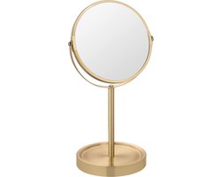 WENKO Opmaakspiegel staand Alata ø 17cm dubbelzijdig mat goud 3x vergrotend - Make-up spiegel - Cosmeticaspiegel vergrotend - Scheerspiegel staand model - Badkamerspiegel