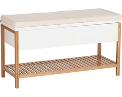 WENKO Shoe Bench with Storage Compartment Mod Finja, Bench with Seat Cushion, Storage and Shoe Rack in Scandi Chic, Lid Folding, Made of High-Quality Bamboo Combined with MDF, 90 x 52 x 35 cm
