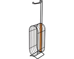 WENKO Toiletrolhouder 2-in-1 Brendola zwart staal en bamboe - Reserverolhouder - Toiletpapier houder vrijstaand - WC Rolhouder staand