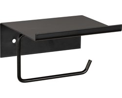 WENKO Toiletrolhouder met planchet Desulo mat zwart staal - WC rolhouder met plankje - Toiletpapierhouder met plateau - Bevestigen met of zonder schroeven - Zelfklevend