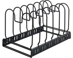 WENKO Uitschuifbare borden- en pannenhouder mat zwart staal - 6 vakken - Verstelbaar - Uittrekbaar - Keukenorganizer - Keukenrek voor pannen en borden