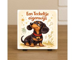Wenstegeltje " Een teckeltje eigenwijs" black and tan – Cadeau voor hondenliefhebbers – Woordgrap – Spreuktegel – Stijlvolle Woondecoratie met Boodschap – Trendy nu– Hip trendy tegeltje – Cadeau – Decoratief Tegeltje met Standaard – Cadeau Idee