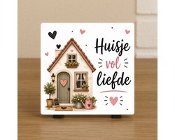 Wenstegeltje – Huisje vol Liefde – Hip trendy tegeltje – Wanddecoratie – Cadeau voor Nieuwe Woning, Housewarming of Gezinscadeau – Sfeervol en Persoonlijk - Vriend(in) – Trendy nu – Decoratief Tegeltje met Standaard – Cadeau Idee