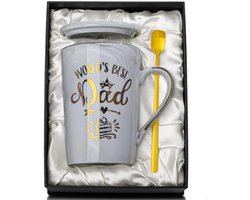 Wereldbeste Vader Koffiemok - Grijze Marmeren Design met Gouden Tekst, Magnetron- en Vaatwasserbestendig Keramiek, Inclusief Geschenkdoos, Deksel, Lepel en Wenskaart - Perfect Vaderdag, Verjaardag en Kerstcadeau