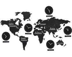 wereldkaart - hout - met 5 klokken en 10 plaatsnamen - 3D landkaart - 61 x 113 cm - zwart