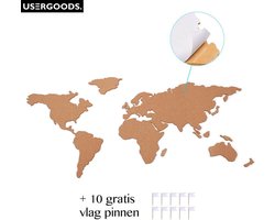 Wereldkaart Kurk Prikbord met 10 Gratis Vlag Pinnen - Zelfklevend - Kurk Muurdecoratie - World Map Wanddecoratie - 46 x 100 cm