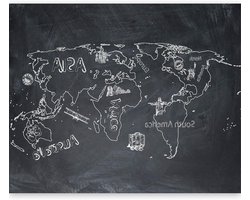 Wereldkaart Muurschildering - Kaart Behang XXL - Wanddecoratie Woonkamer - Duitse Kwaliteit Fleece - 100x77cm - Zwart Wit Grijs