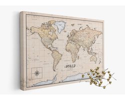 Wereldkaart op Canvas met Prikbaar Kurk en Gouden Pins - Wanddecoratie