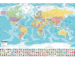 Wereldkaart poster - 70x100cm - groot - drukgang 2024 - mooi stevig papier - UV lak - Multi - vlaggen - wanddecoratie