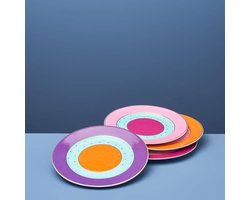 WERNS Dessertbord Fancy Colors - Ø 19,5 cm - Porselein met Gouden Rand - Meerkleurig - 4 Designs - Luxe Servies