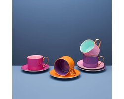 WERNS Kop en Schotel Fancy Colors - Set - New Bone Porselein - Goud Details - Meerkleurig - 4 Designs