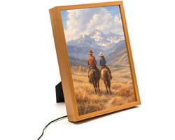 Western cowboy cowgirl schilderij – 31×23 cm – Verlicht kunstwerk – LED licht portret nachtlampje – Dimbaar – Sfeerverlichting – Kinder Woon en Slaapkamer Wall Art Decor