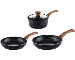 Westinghouse 3-delige Pannenset – Koekenpannen Ø 28 & 30 cm + Steelpan Ø 18 cm – Antiaanbaklaag – Inductie – PFOA-vrij – Black Marble Wood
