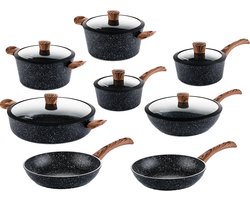 Westinghouse 8-delige Pannenset – Braadpannen + Koekenpannen + Steelpannen + Hapjespan + Wokpan – Inductie – Black Marble Wood