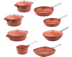 Westinghouse Performance 8-delige Pannenset – Koekenpannen + Braadpannen + Hapjespan + Wokpan + Grillpan + Steelpan – Inductie – Oranje