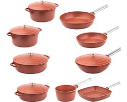 Westinghouse Performance 9-delige Pannenset – Koekenpannen + Braadpannen + Hapjespannen + Wokpan + Grillpan + Steelpan – PFOA-vrij – Inductie – Oranje
