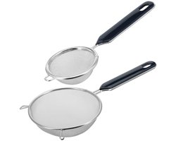 Westmark Keuken vergieten - 2x stuks - met handvat - zwart/zilver - rvs - D10 en D7 cm - Theezeefjes