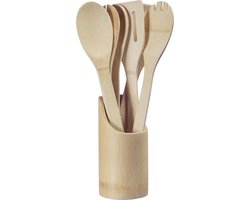Westmark Keukengerei Set – Keukengerei set bestaande uit pollepel, saladelepel, spatel en tang, bestek incl. bakje – bamboe, 6 stuks.