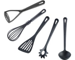 Westmark keukenhelper-set 5 delig: garde, soeplepel, aardappelstamper, bakspatel, spaghettilepel, kunststof, Gentle, zwart, 280022E6