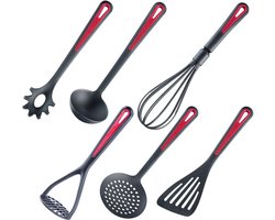 Westmark Set van 6 keukenhulpjes, bakspatel, schuimspaan, spaghettilepel, soeplepel, aardappelstamper, garde, kunststof, Gallant, zwart/rood, 290022E6