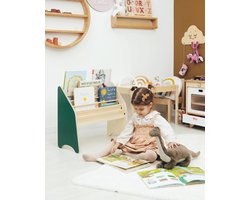 WFL - houten kinderboekenrek - Groen en Naturel - 61.9 x 53,8 cm - Montessori - boekenkast voor kinderen - kinderboeken- speelgoedrek - kinderkamerkast - bookcase - opbergrek