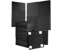 What's Goods - Akoestische foam panels 25kg/m3 30x30x5cm Set x12 tegels - Muur studio noppenschuim absorptieplaten / geluidsisolatie panelen zwart + 48x bevestigingstickers