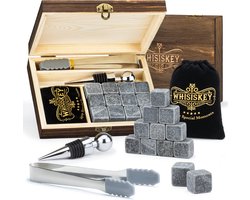 Whisiskey Luxe Whiskey Stones Set - 12 stuks - Fluwelen Opbergzak - Flessenstopper - IJstang - Herbruikbare IJsblokjes - Natuursteen Whiskey Stenen Voor Glazen - Accessoires - IJklontjes Steen - Drank Koeler