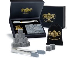 Whisiskey Luxe Whiskey Stones Set - 12 stuks - Natuursteen Whiskey Stenen Voor Glazen - IJsblokjes - Ijstang - Fluwelen Opbergzak - Herbruikbare IJsblokjes - IJsklontjes Steen - Ice Cube