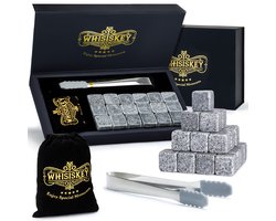 Whisiskey Luxe Whiskey Stones Set - 18 stuks - Natuursteen Whiskey Stenen Voor Glazen - IJsblokjes - Ijstang - Fluwelen Opbergzak - Herbruikbare IJsblokjes - IJsklontjes Steen - Ice Cube