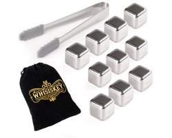 Whisiskey Luxe Whiskey Stones Set RVS - 10 stuks - Fluwelen Opbergzak - IJstang - Herbruikbare IJsblokjes - RVS Whiskey Stenen Voor Glazen - Accessoires - IJsklontjes Metaal