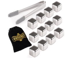 Whisiskey Luxe Whiskey Stones Set RVS - 10 stuks - Fluwelen Opbergzak - IJstang - Herbruikbare IJsblokjes - RVS Whiskey Stenen Voor Glazen - Accessoires - IJsklontjes Metaal