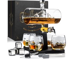 Whisiskey Whiskey Karaf - Luxe Whisky Karaf Set Zeilschip - 1,1L - Decanteer Karaf - Zeilboot - Whiskey Set - Incl. 4 Whiskey Stones, Schenktuit, tap & 4 Whiskey Glazen - Peaky Blinders - Vaderdag Cadeau