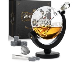 Whisiskey Whiskey Karaf - Wereldbol - Luxe Whisky Karaf Set - 0,9 L - Decanteer karaf - Whiskey Set - Incl. 4 Whiskey Stones - IJstang - Schenktuit - Peaky Blinders - Vaderdag Cadeau