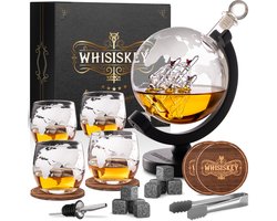Whisiskey Whiskey Karaf - Wereldbol - Luxe Whisky Karaf Set - 0,9 L - Decanteer karaf - Whiskey Set - Incl. 8 Whiskey Stones, 4 Whiskey Glazen & Extra Accessoires