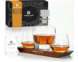 Whiskey Karaf Kristalglas 850ML houten frame Grimm & Brothers - elegante kristallen karaf - geschenk man - 2 whiskyglazen - karaf set