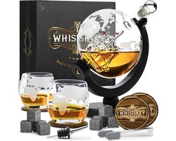 Whiskey Karaf Set – 900 ml – Wereldbol – Decanter - Geschenk voor Mannen - 8 Whiskey Stenen